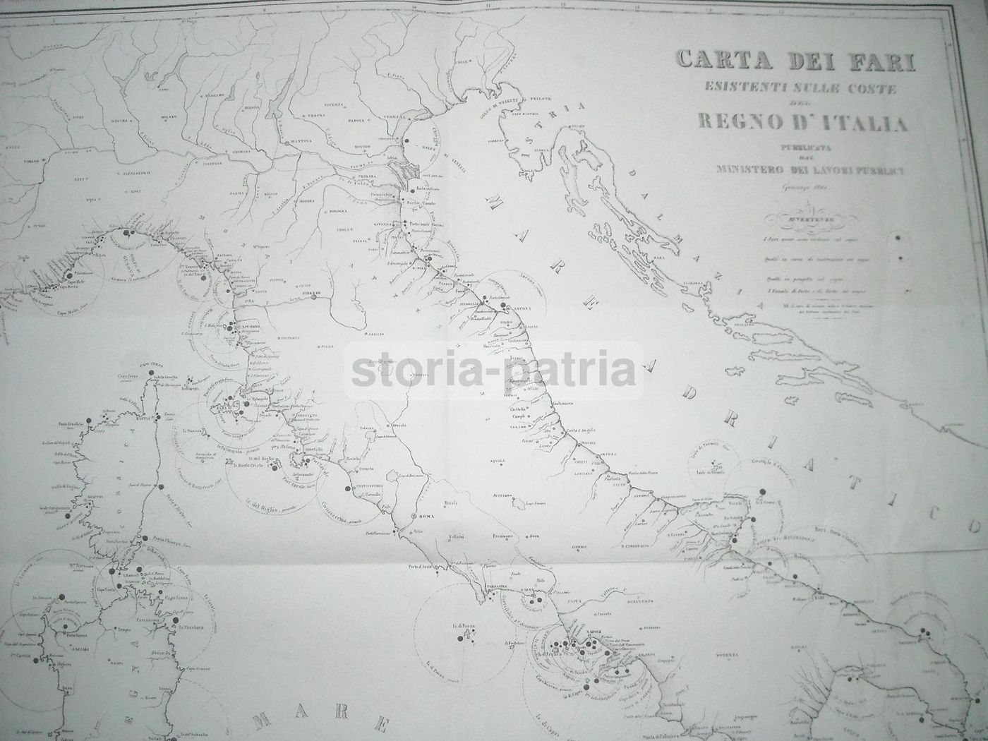 Carta Dei Fari d'Italia 1865 Ministero Lavori Pubblici Balatri