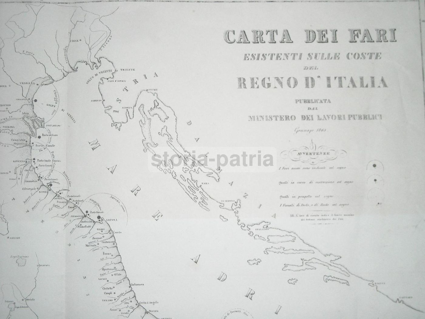 Carta Dei Fari d'Italia 1865 Ministero Lavori Pubblici Balatri