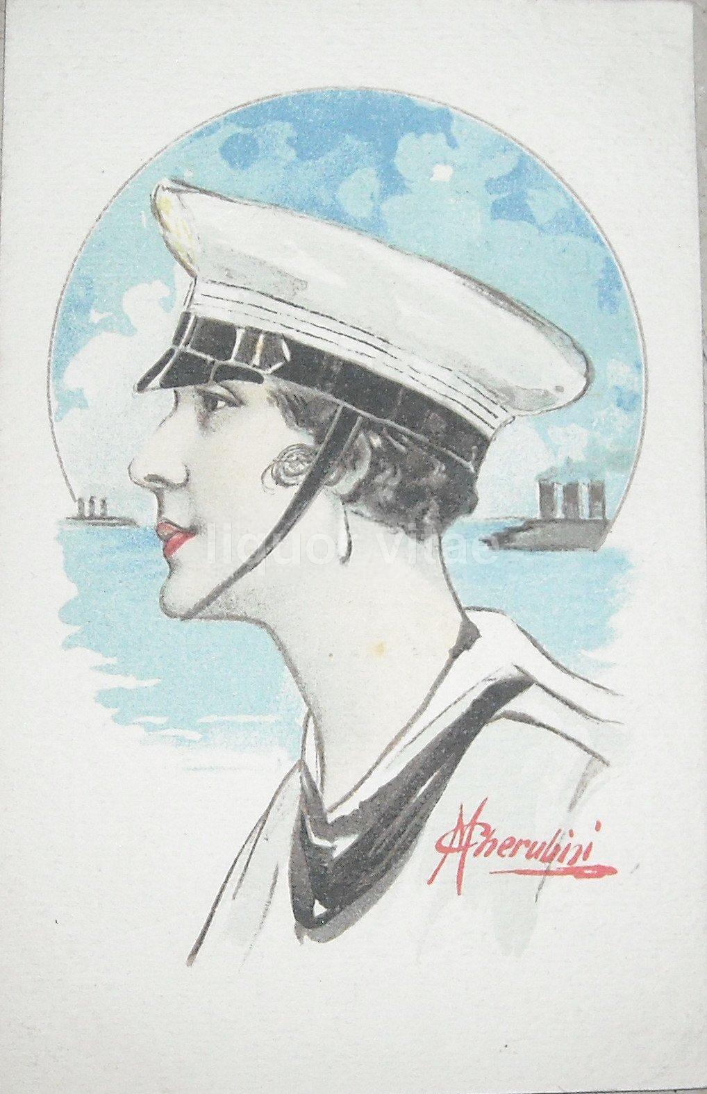 Acquerello Di Marzio Cherubini: Donna In Divisa Da Marinaio, Stile Liberty, 1915 Circa
