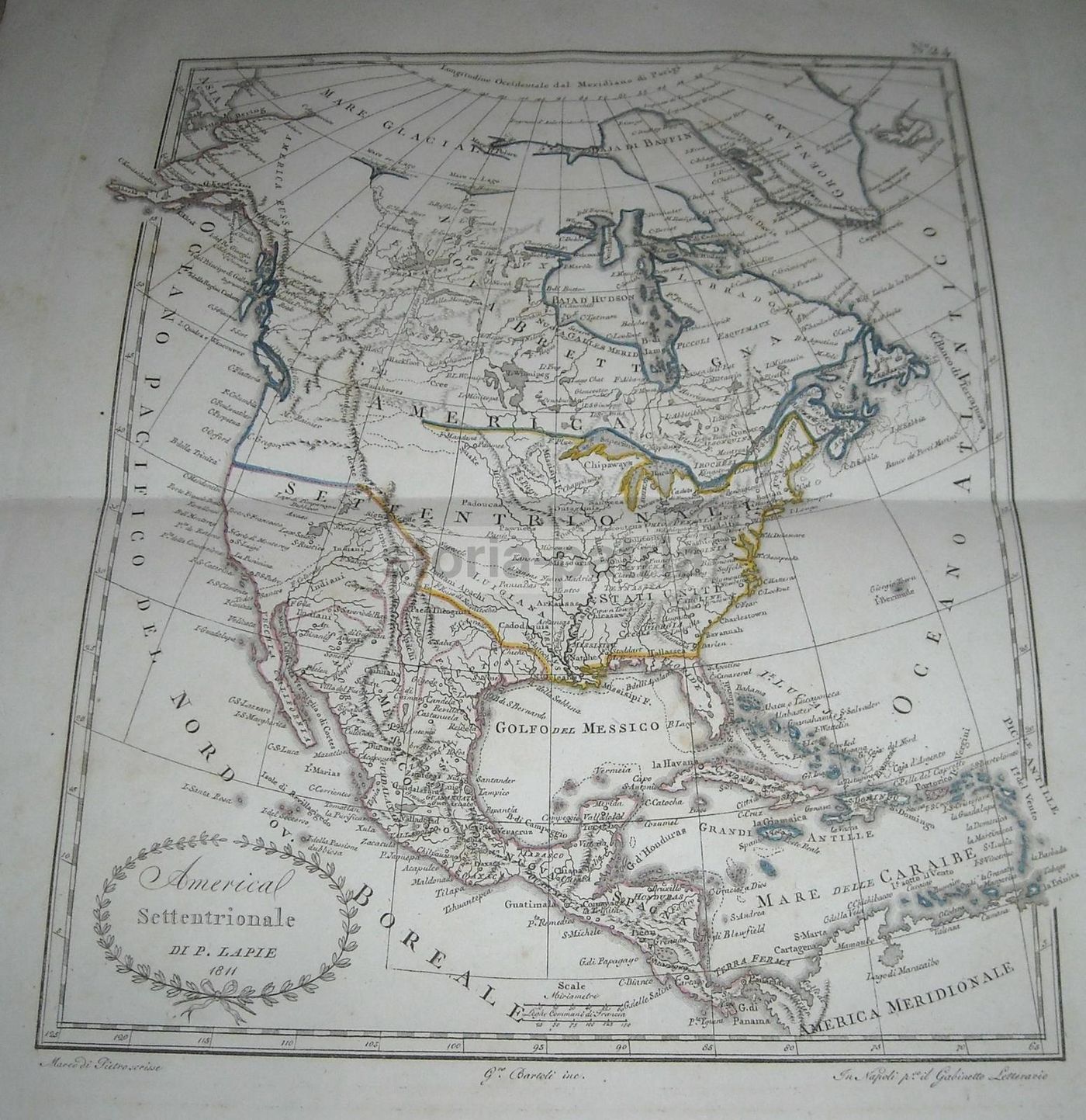 Mappa America Settentrionale, 1811 (P. Lapie). Incisione Antica Impressa A Napoli