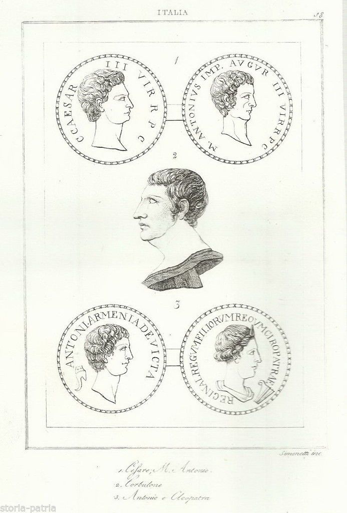 Incisione Antica Medaglie: Cesare, Antonio E Cleopatra, Simonetti, Metà XIX Secolo