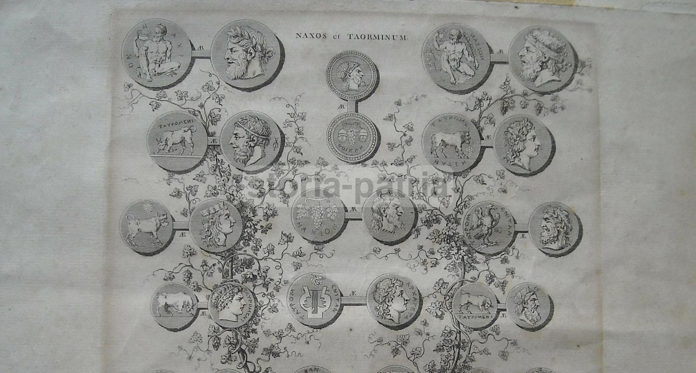 Incisione Antica Monete Naxos E Taormina, Sicilia: Numismatica Del XVIII Secolo