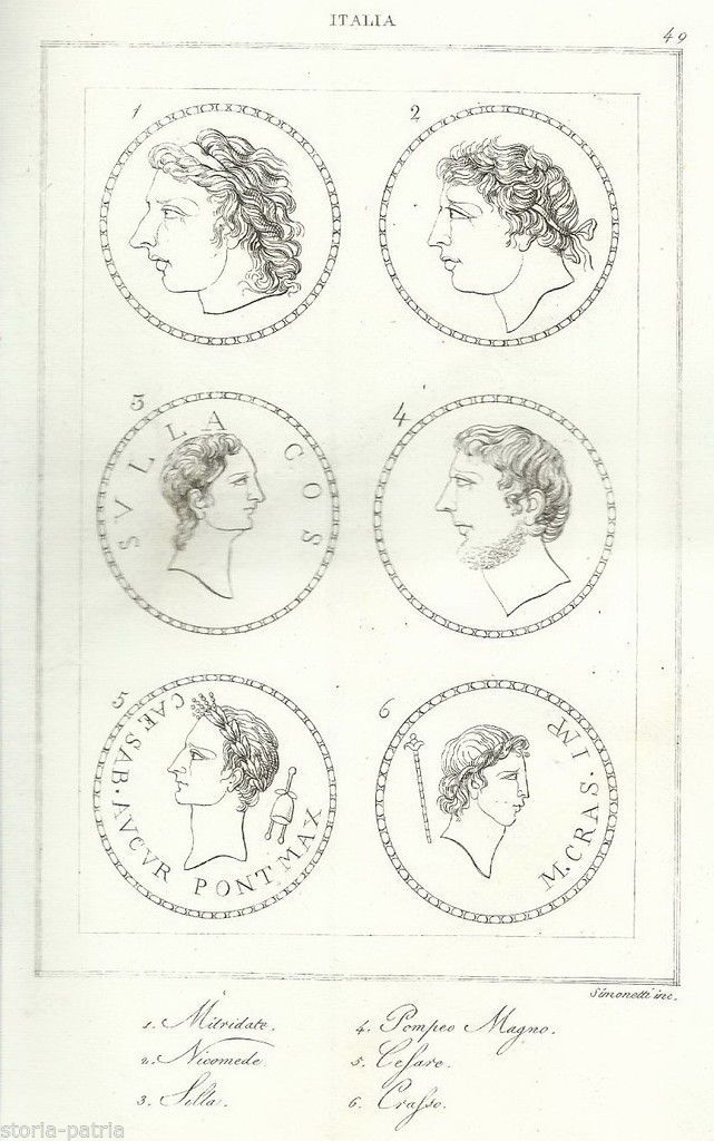 Incisione Antica Monete Romane: Mitridate, Cesare, Crasso, Pompeo, 1850 Ca.