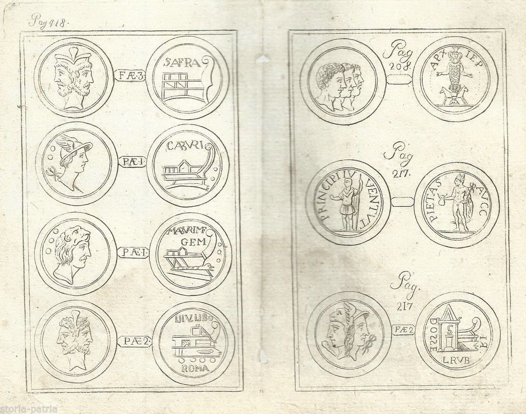 Incisione Antica Monete E Medaglie Con Navi E Allegorie, XVIII Secolo