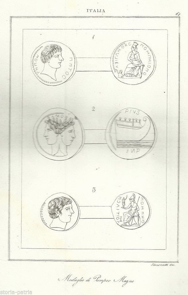 Medaglie Di Pompeo Magno. Incisione Antica Di Simonetti, XIX Secolo
