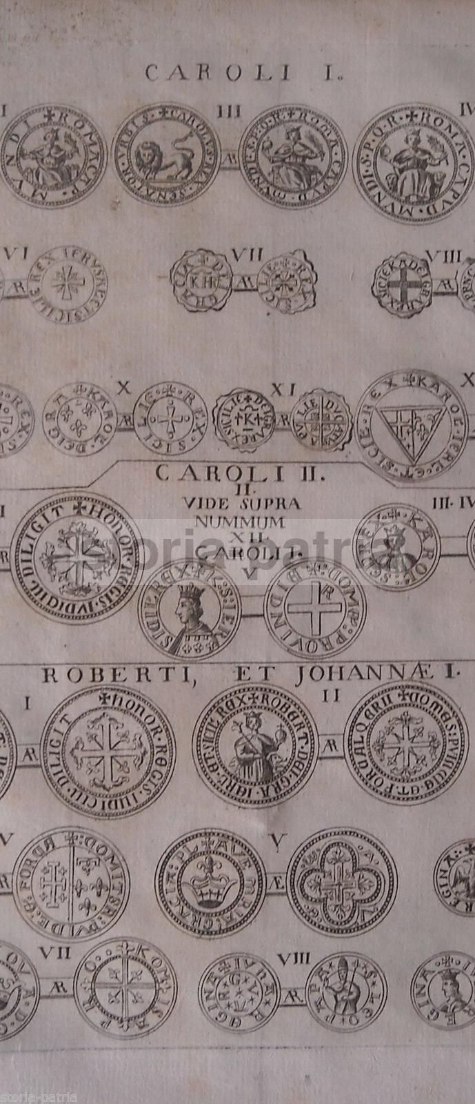 Incisione Monete Angioine Carlo I, II, Roberto, Giovanna I, Napoli, XVIII Secolo