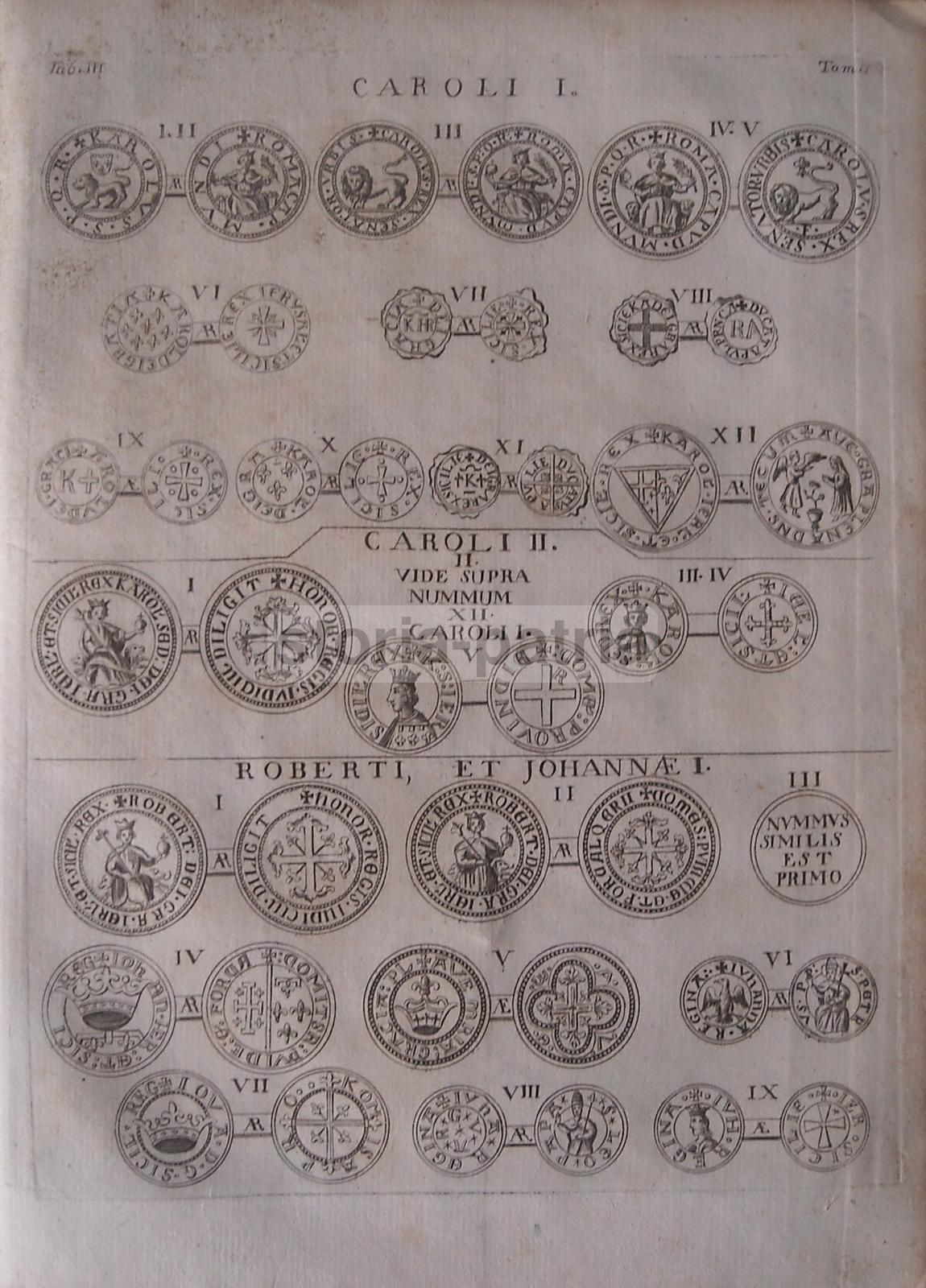 Incisione Monete Angioine Carlo I, II, Roberto, Giovanna I, Napoli, XVIII Secolo