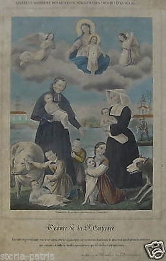 Opera Santa Infanzia Stampa Antica Acquarellata Bouasse Lebel 1850