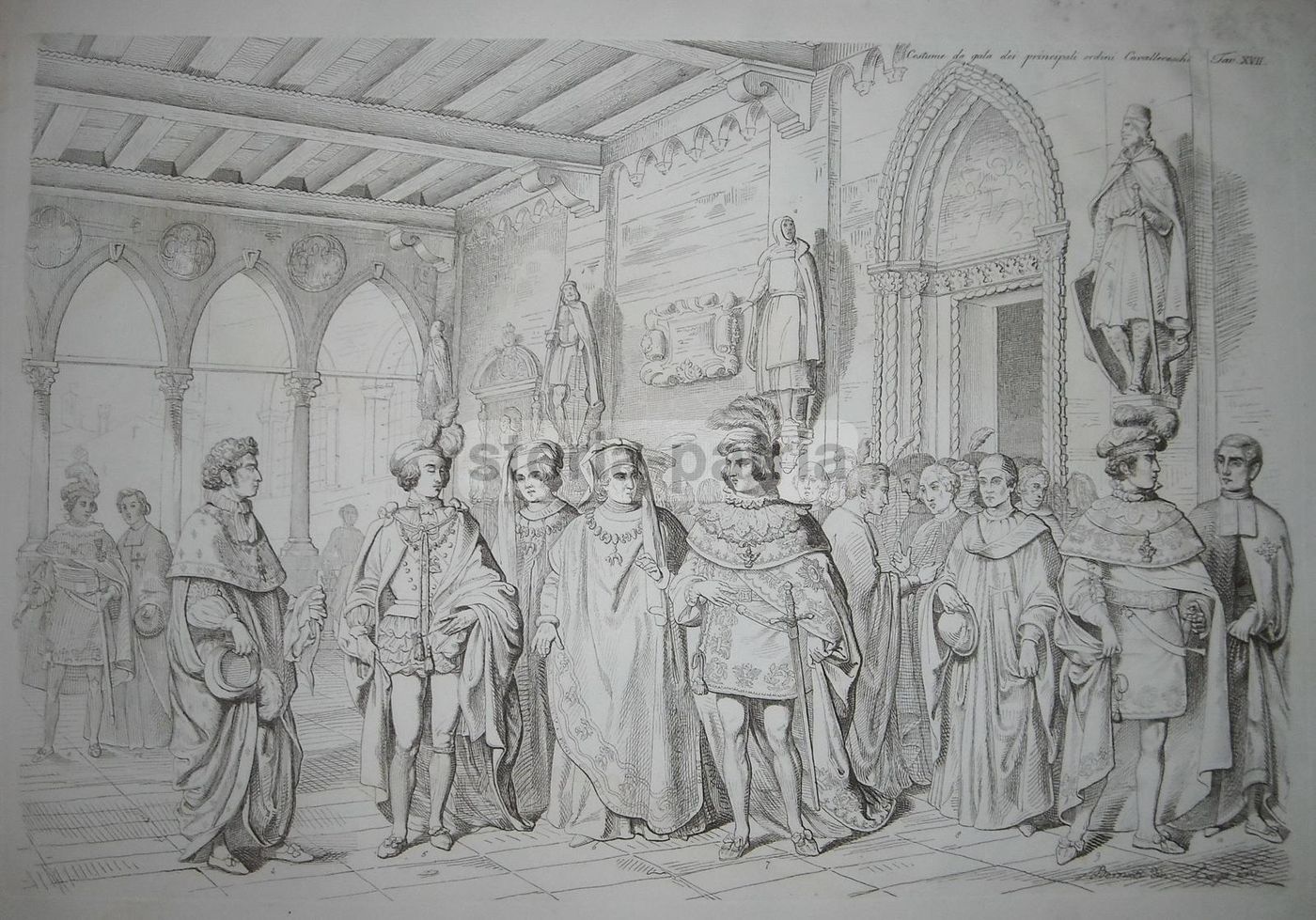 Stampa Antica Dei Costumi Da Gala Degli Ordini Cavallereschi