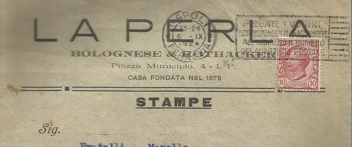 Busta Pubblicitaria La Perla Bolognese & Rothacker, Napoli 1924