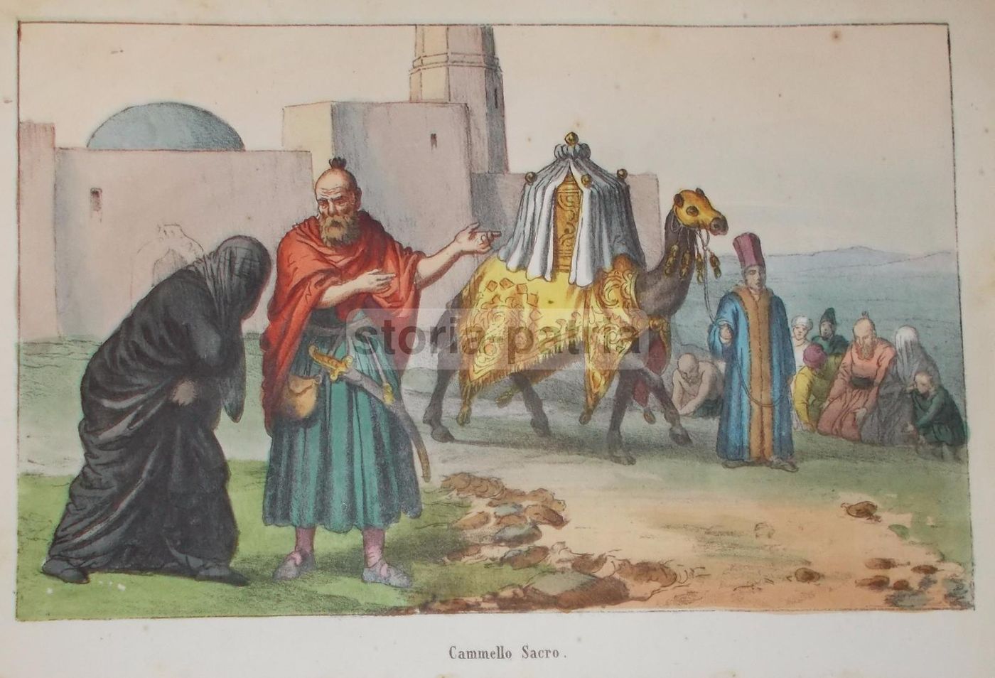 Stampa Antica Orientalista Cammello Sacro Devozionale (circa 1850)