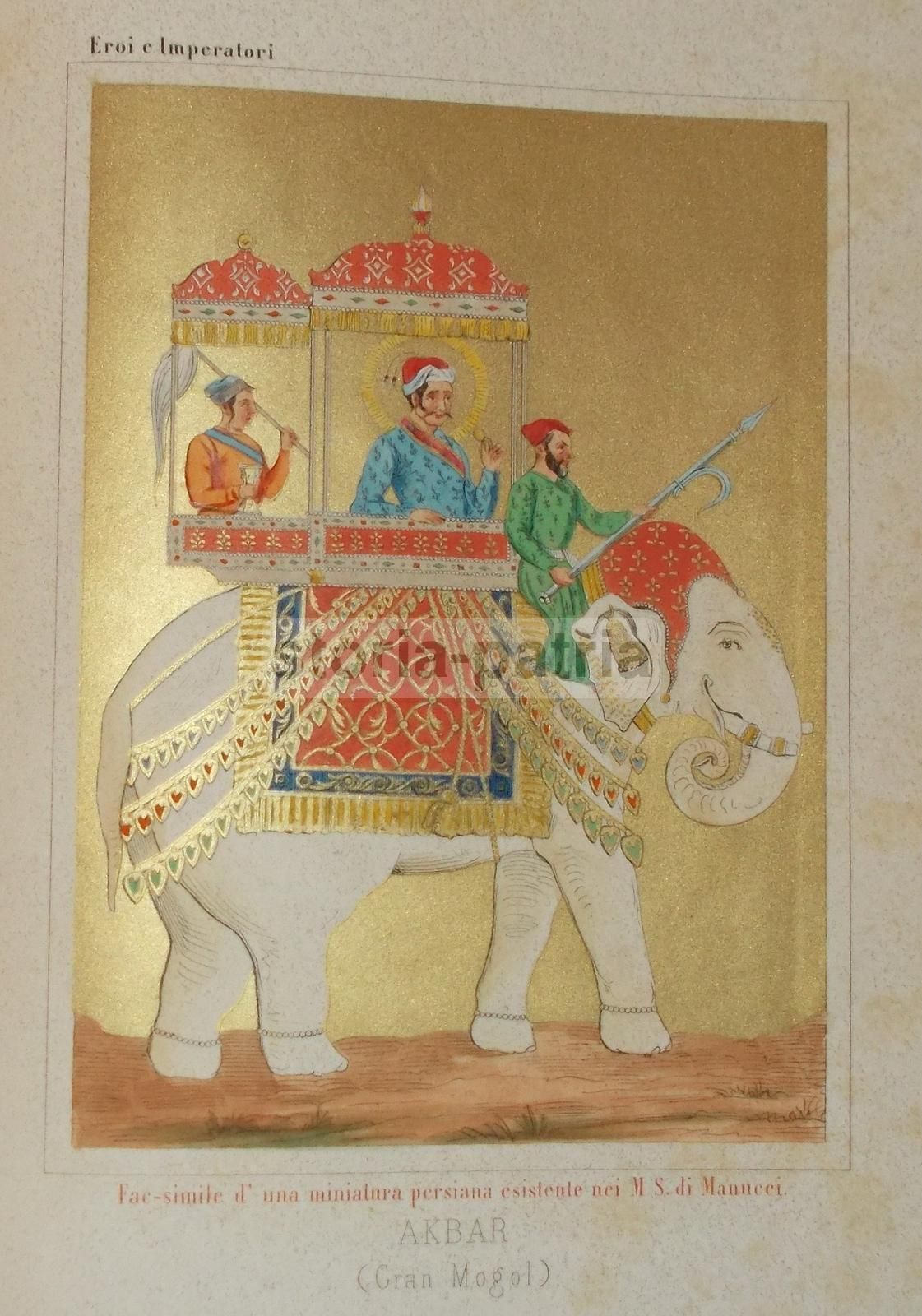Akbar Gran Mogol. Litografia Colorata Con Dorature, India, 1860