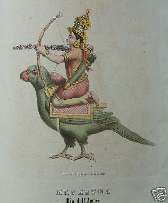 Manmatha, Dio Indiano Dell'Amore. Litografia Colorata A Mano, 1860 Circa, Torino