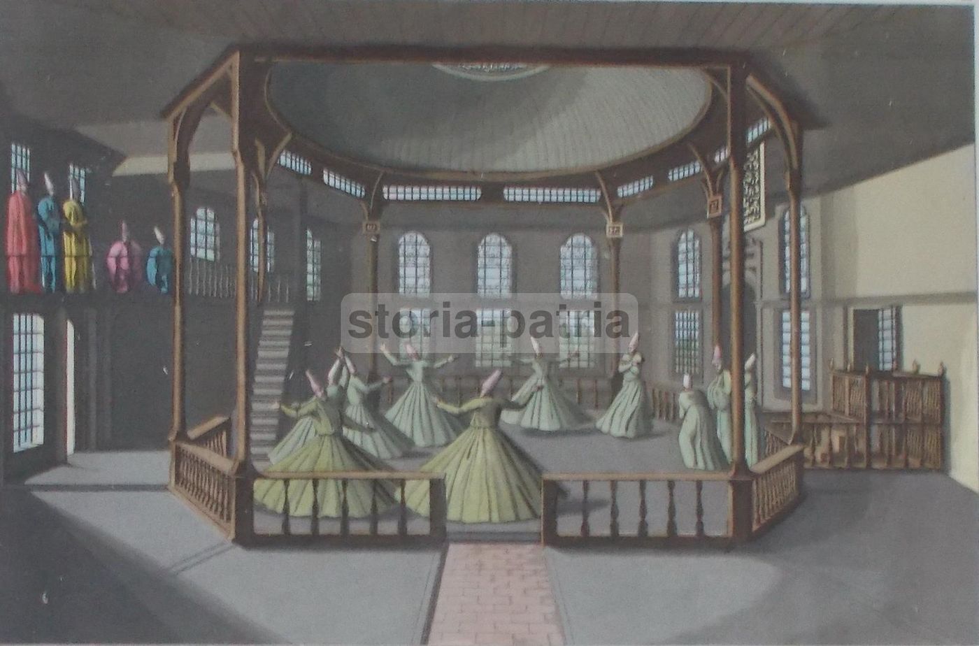 Incisione Danza Dervisci Rotanti Turchia 1800 Raineri Colorata