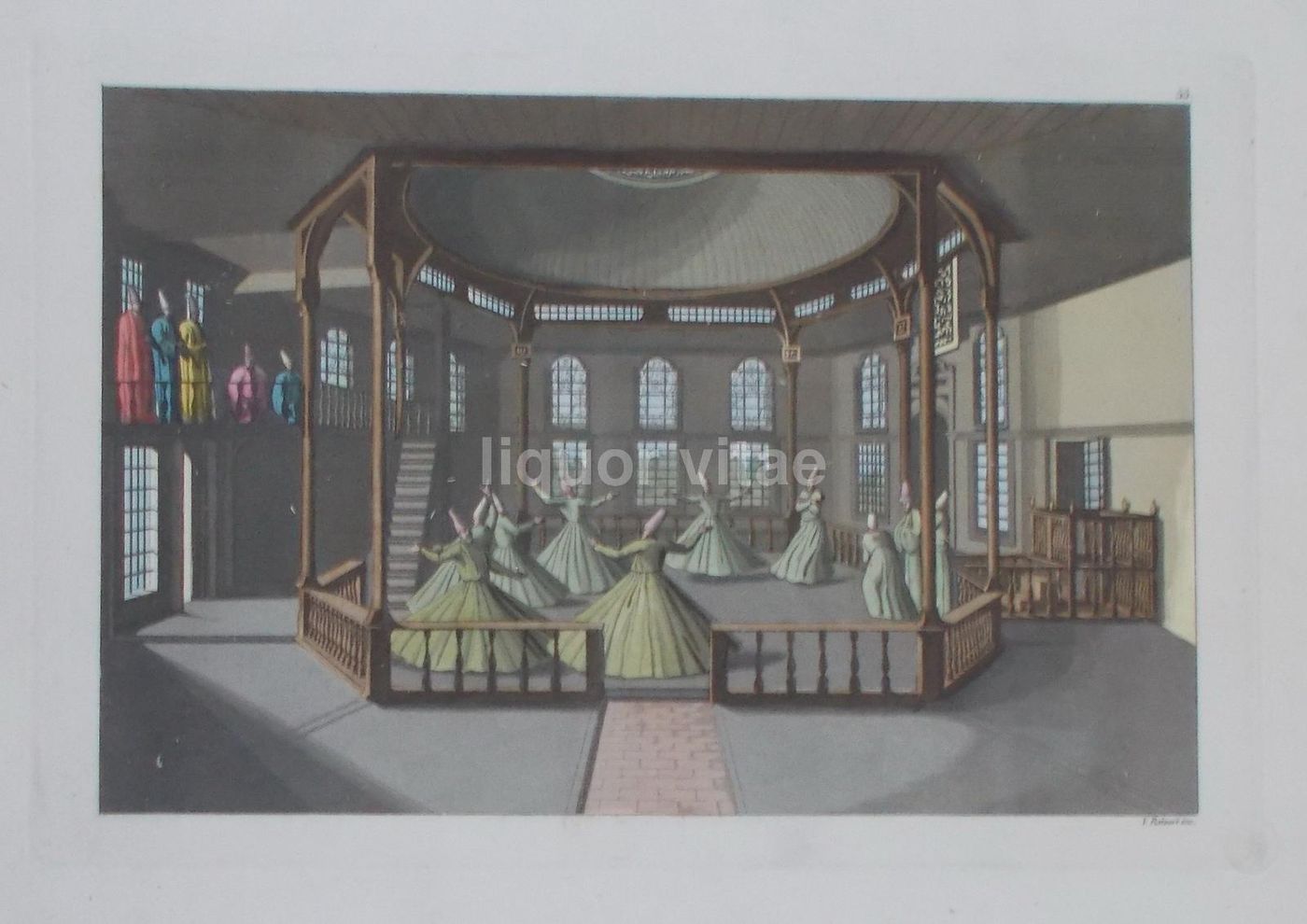 Incisione Danza Dervisci Rotanti Turchia 1800 Raineri Colorata
