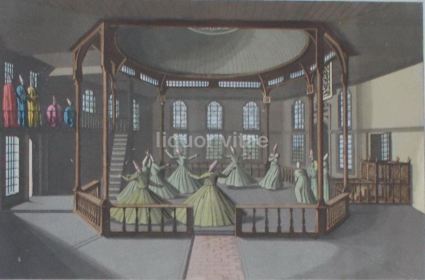 Incisione Danza Dervisci Rotanti Turchia 1800 Raineri Colorata