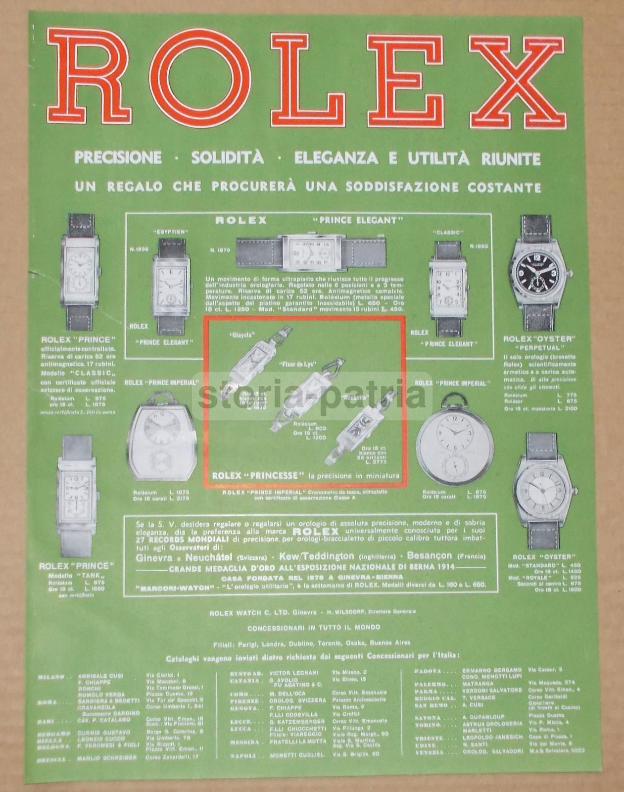Stampa Pubblicitaria Rolex 1934 Con Prezzi Orologi Da Collezione