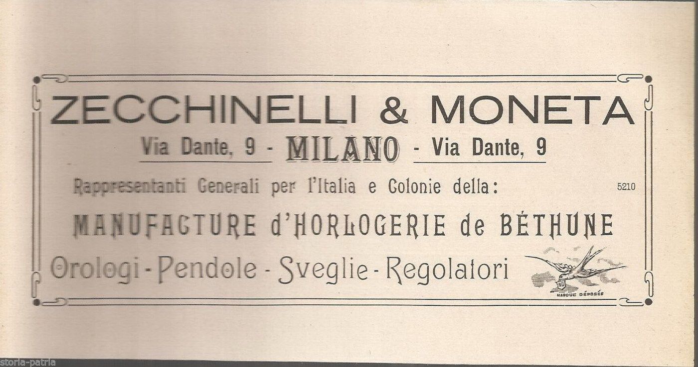 Stampa Pubblicitaria Zecchinelli Orologi Milano Mondial 1922