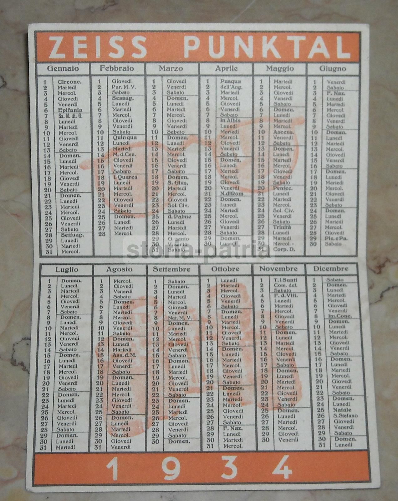 Calendarietto Pubblicitario Ottico Caso Zeiss, 1934, Nocera Inferiore