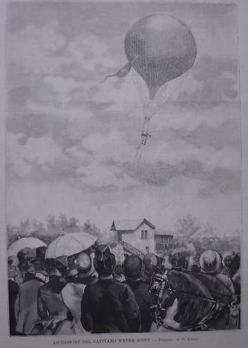 Stampa Antica Mongolfiera Capitano Wever Scott, Bologna 1888