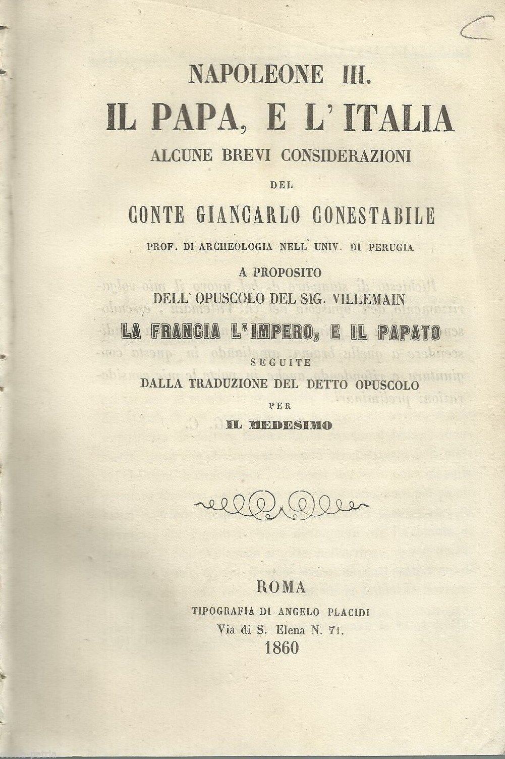 Napoleone III, Il Papa E L'Italia. Considerazioni Di Giancarlo Conestabile (1860)