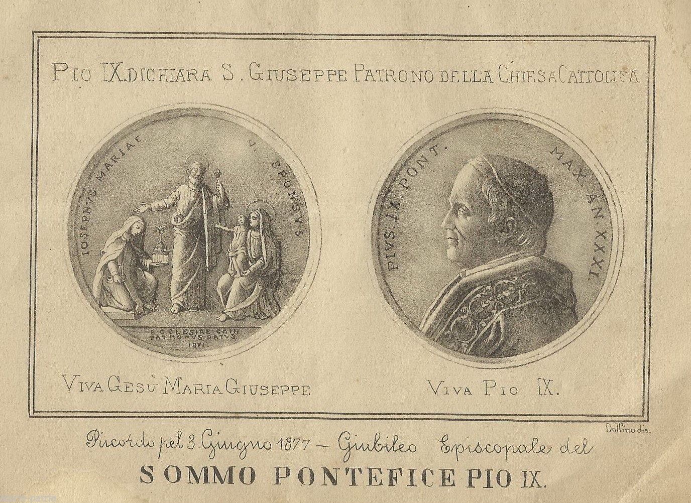 Litografia Giubileo Episcopale Papa Pio IX 1877 San Giuseppe