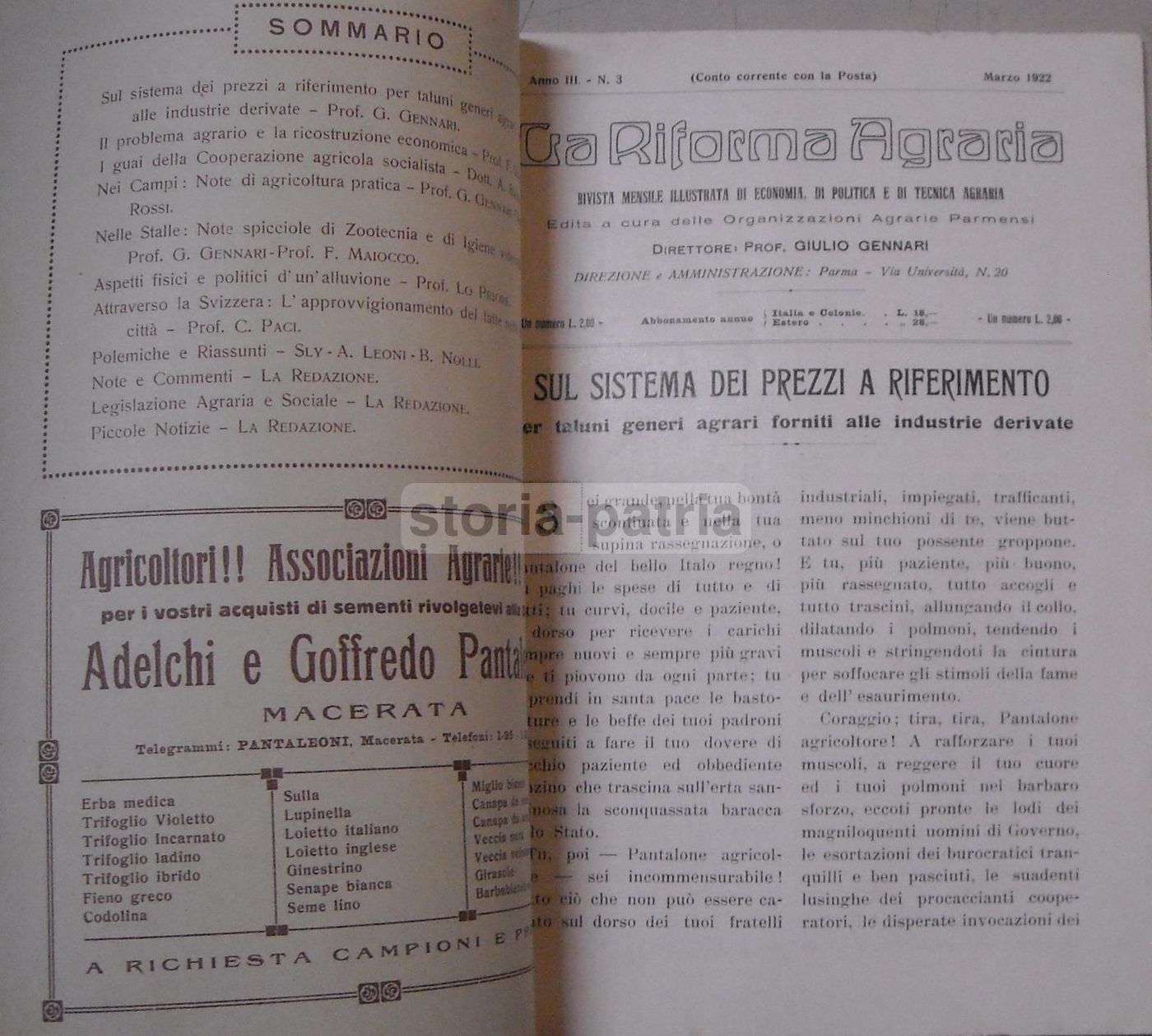 La Riforma Agraria: Rivista Mensile, Parma, Marzo 1922. Economia Agraria