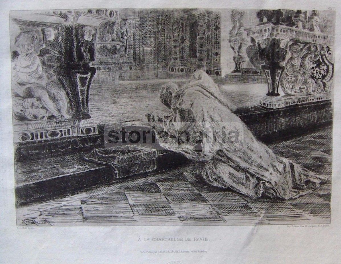Incisione Antica Certosa Di Pavia, Faruffini 1866 Acquaforte Cadart