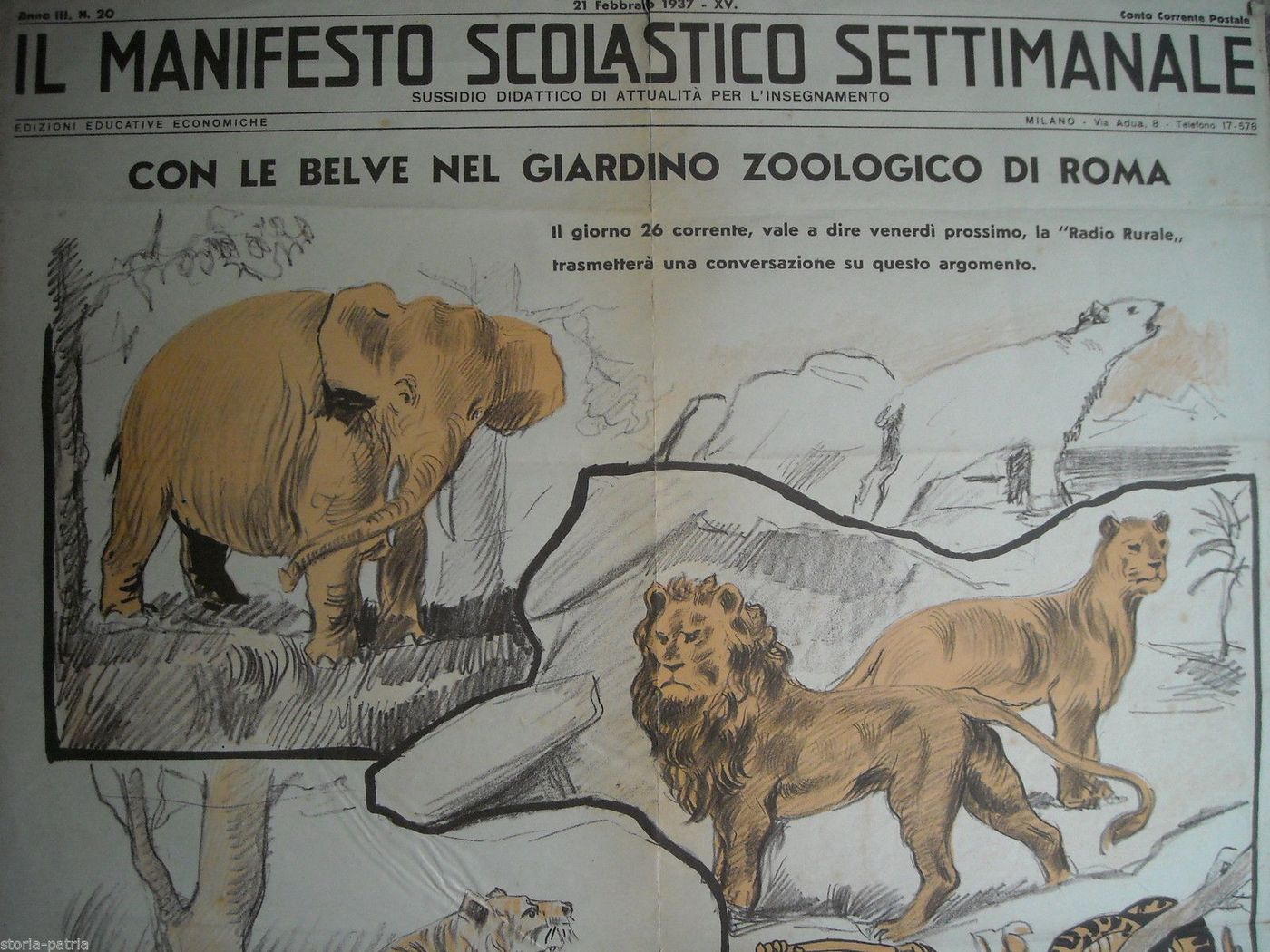 Manifesto Scolastico Settimanale   Giardino Zoologico Di Roma, 1937