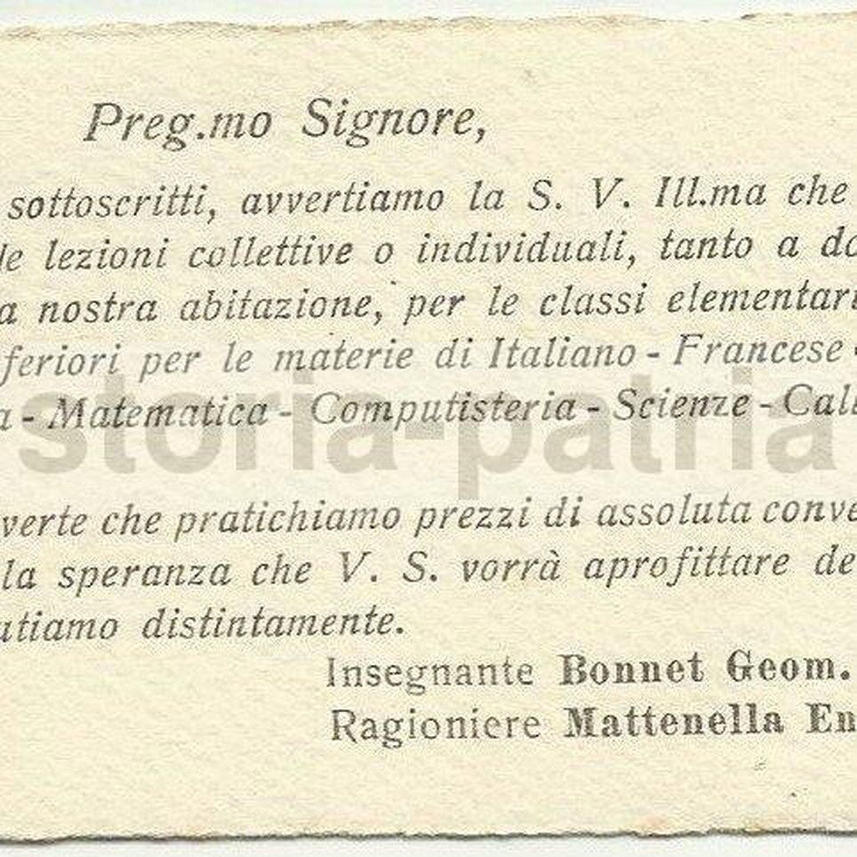 Biglietto Pubblicitario Lezioni Private Bonnet Mattenella, 1900