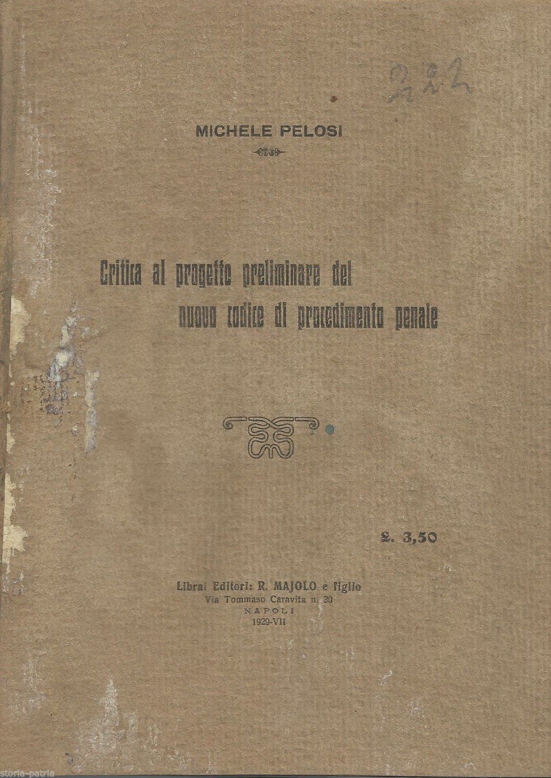 Michele Pelosi, Critica Al Progetto Preliminare Del Nuovo Codice Di Procedimento Penale, 1929