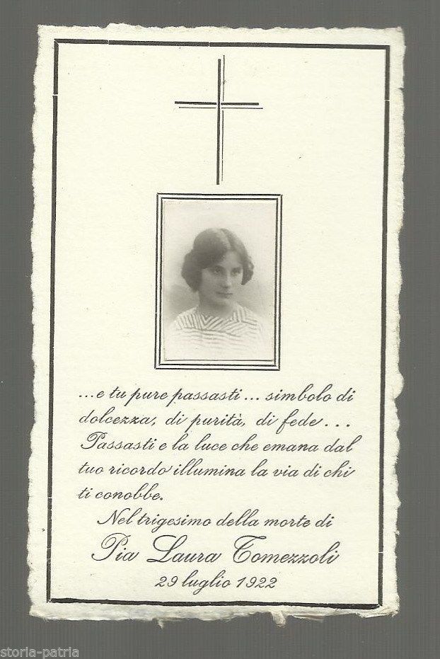 Luttino Funebre Pia Laura Tomezzoli 1922, Fotografia Originale