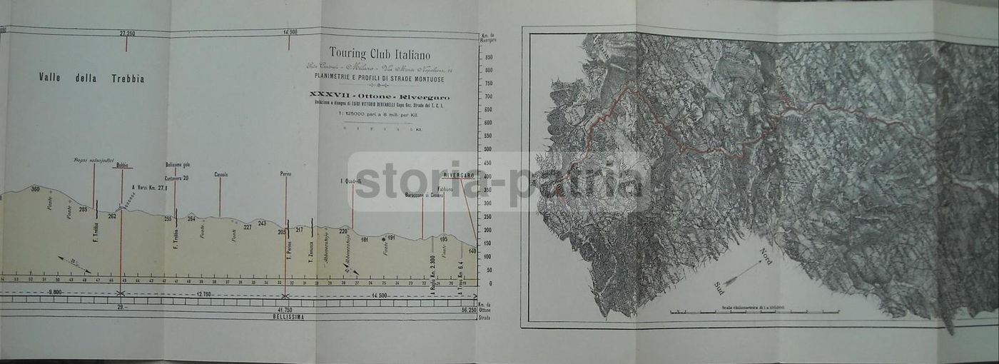 Mappa Ottone Rivergaro, 1905, Cartografia Touring Club Italiano, Piacenza