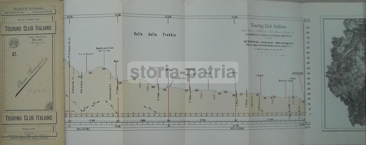 Mappa Ottone Rivergaro, 1905, Cartografia Touring Club Italiano, Piacenza