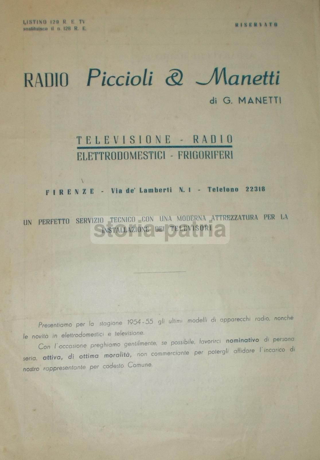 Listino Piccioli & Manetti, Firenze 1954. Radio, Televisori, Elettrodomestici.
