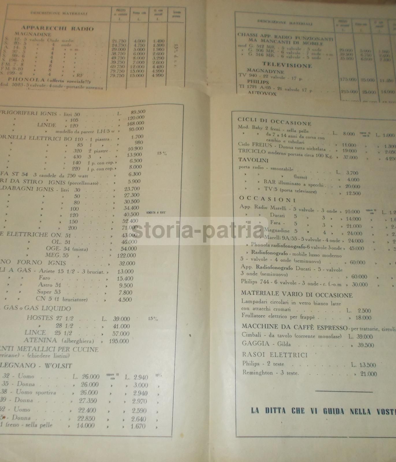 Listino Piccioli & Manetti, Firenze 1954. Radio, Televisori, Elettrodomestici.