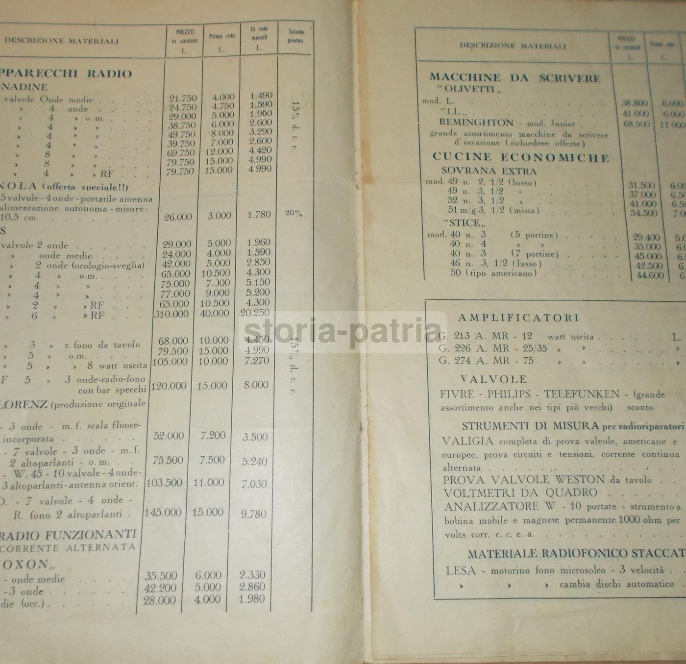 Listino Piccioli & Manetti, Firenze 1954. Radio, Televisori, Elettrodomestici.