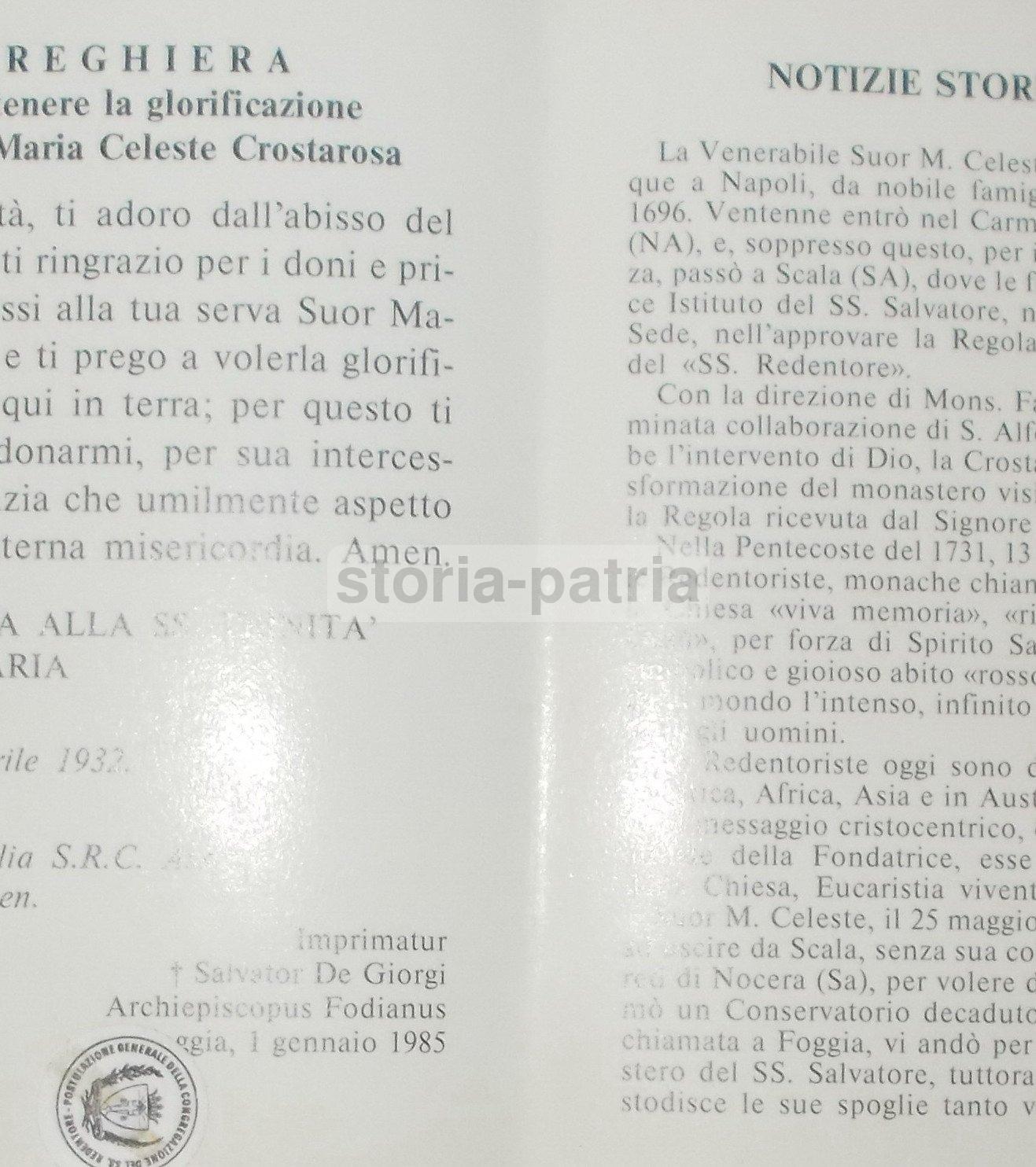 Santino Suor Maria Celeste Crostarosa Napoli Foggia Biografia
