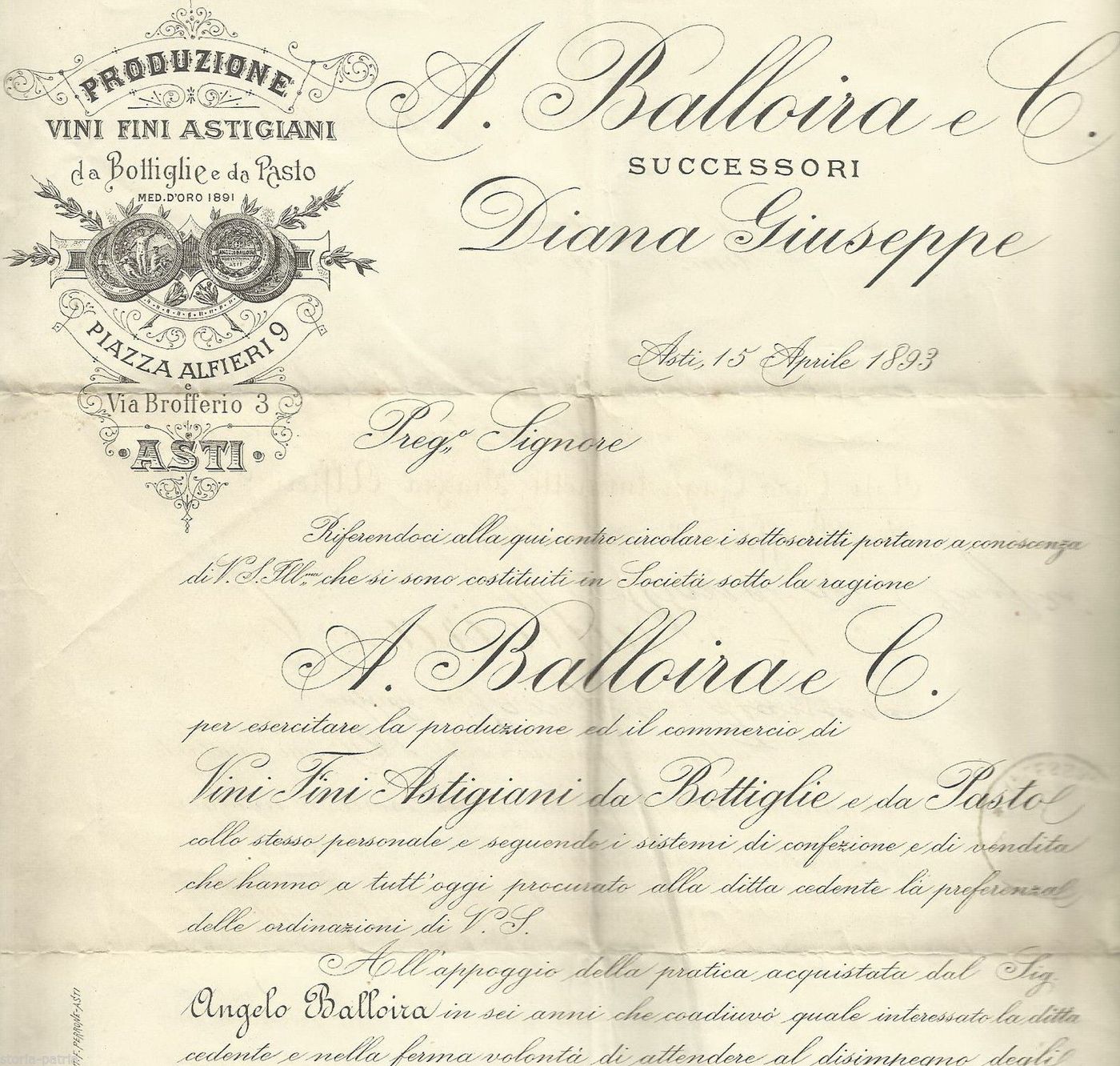 Manifesto Pubblicitario Vini Balloira Diana Asti 1893 Araldica