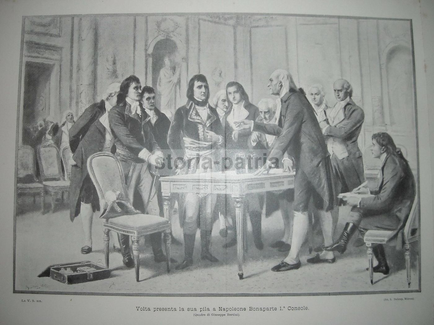 Stampa Antica: Alessandro Volta Presenta La Pila A Napoleone Bonaparte (Giuseppe Bertini)