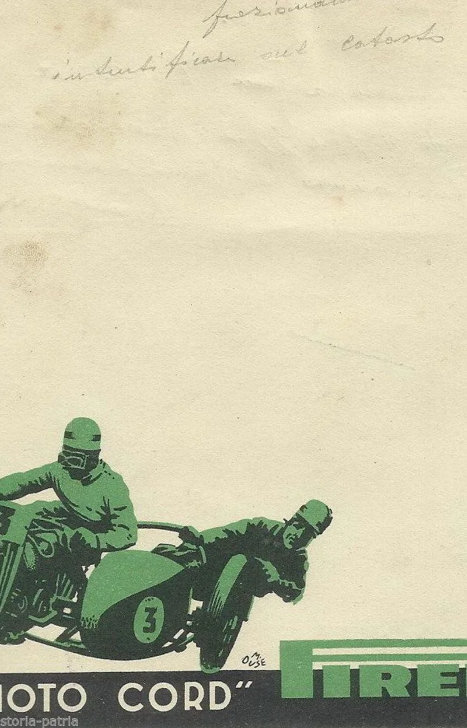 Pirelli "Moto Cord" Advertisement with Racing Sidecar - Illustration by M. Duse