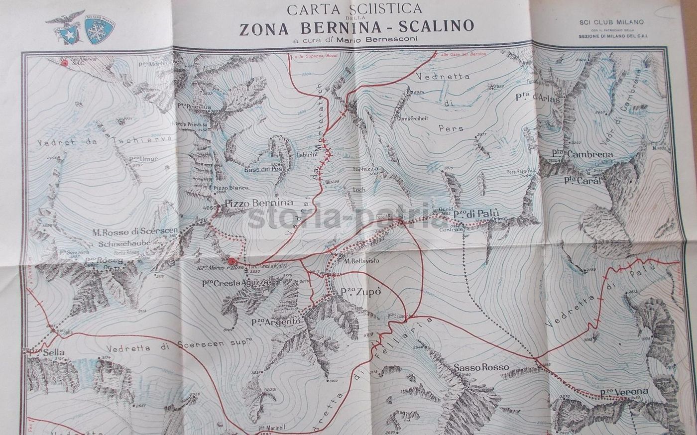 Carta Sciistica Bernina Scalino 1929 Mappa Alpina CAI Milano