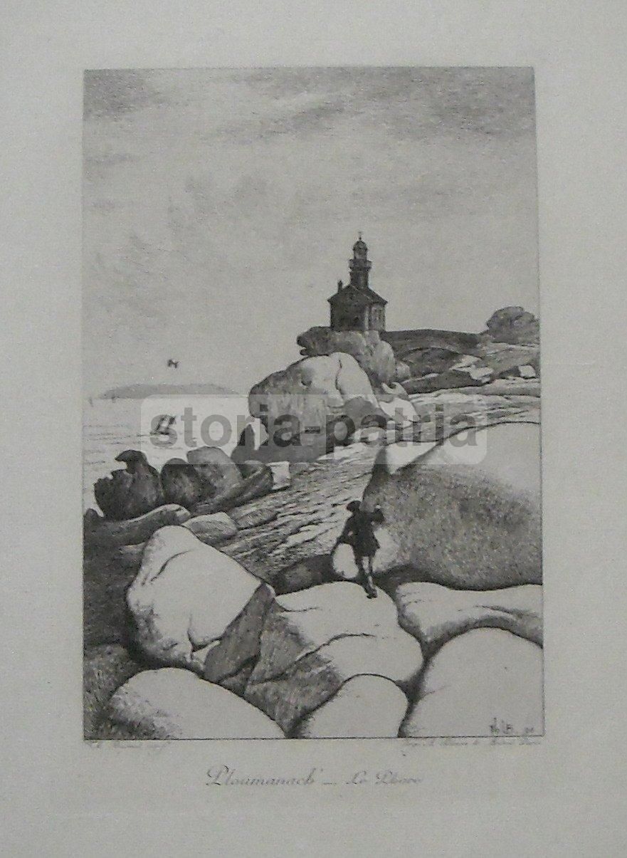 Ploumanach: Le Phare. Antica Incisione All'Acquaforte Di Théophile Busnel, Fine XIX Secolo.