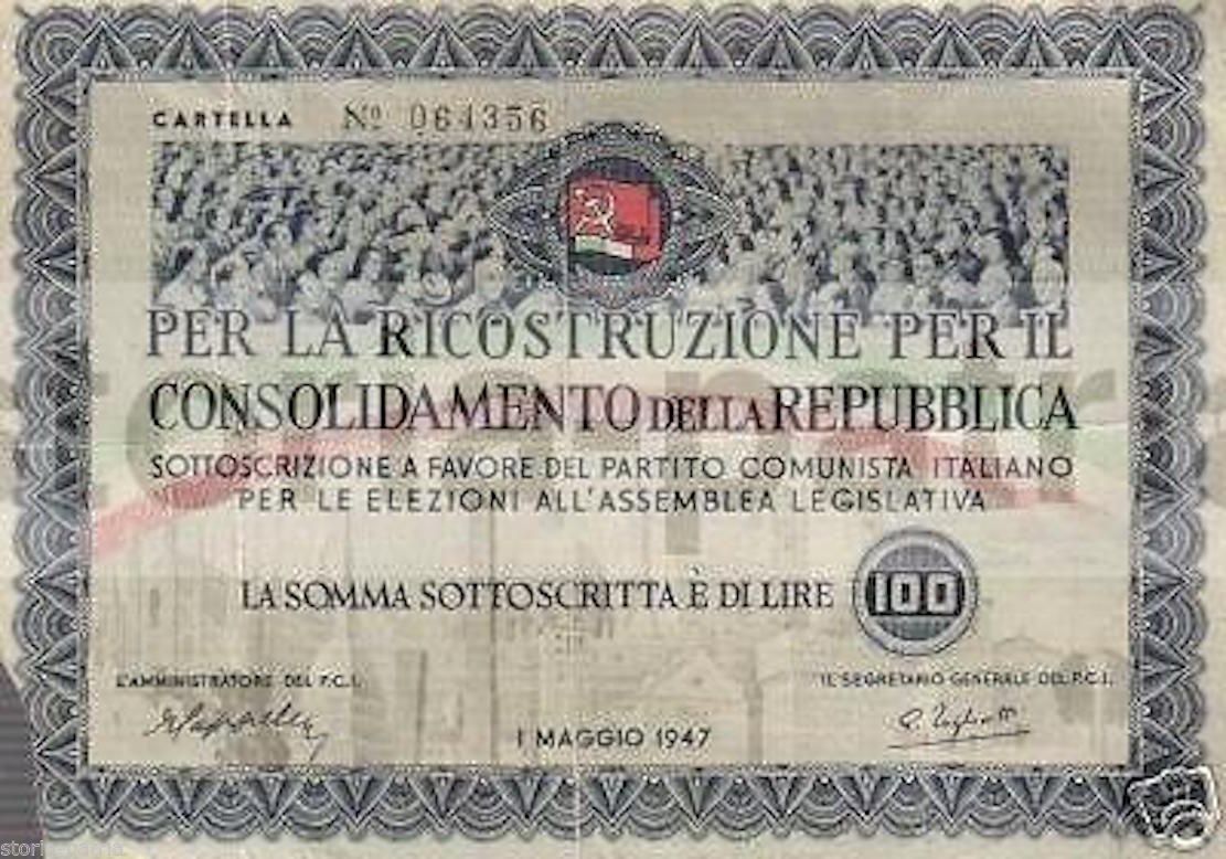 Certificato Sottoscrizione Pci 1947 Togliatti Elezioni Repubblica