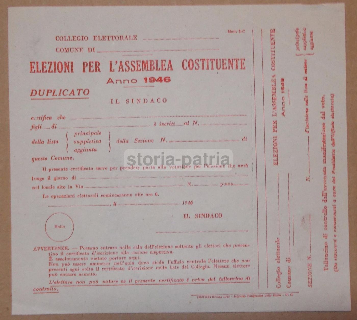 Certificato Elezioni Assemblea Costituente 1946 Originale