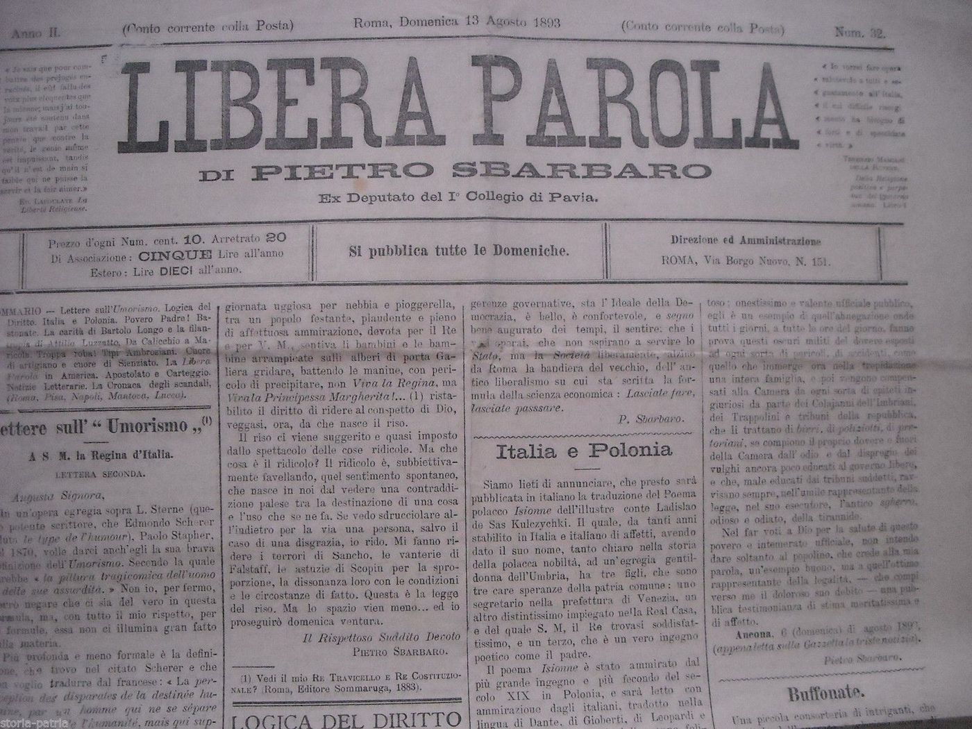Libera Parola 1893 Pietro Sbarbaro Giornale Storico Roma Pavia