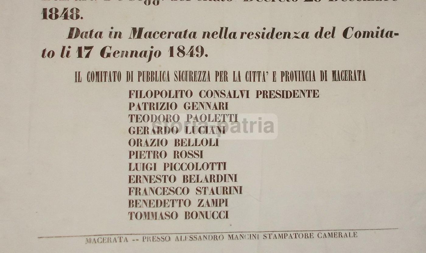 Notificazione Comitato Pubblica Sicurezza Macerata 1849 Risorgimento