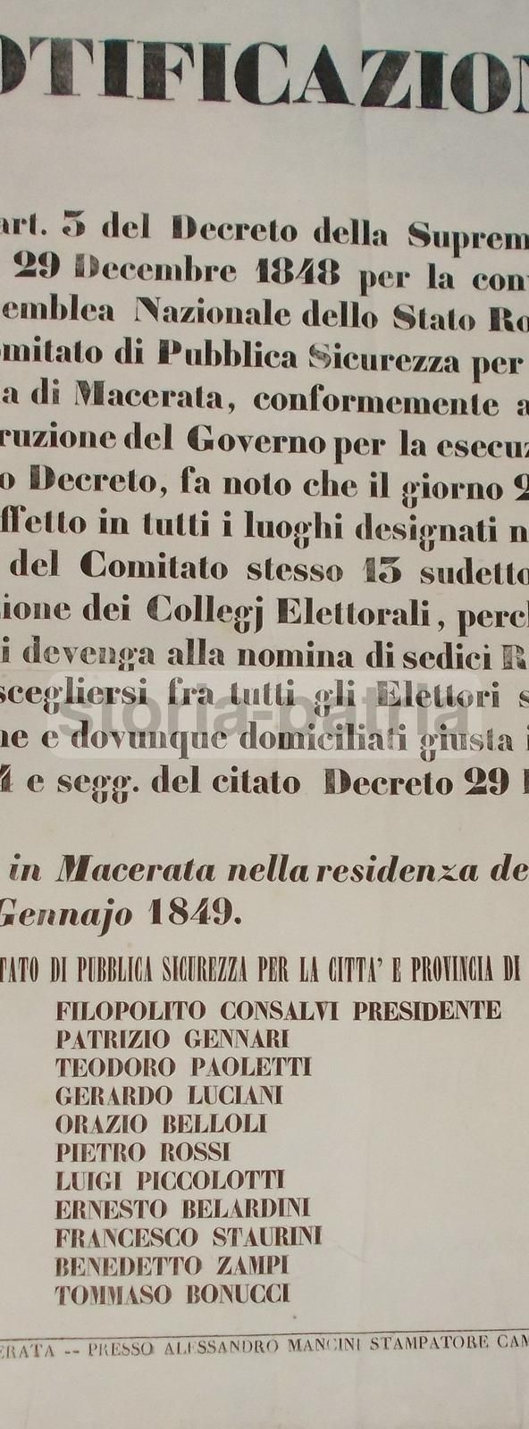 Notificazione Comitato Pubblica Sicurezza Macerata 1849 Risorgimento