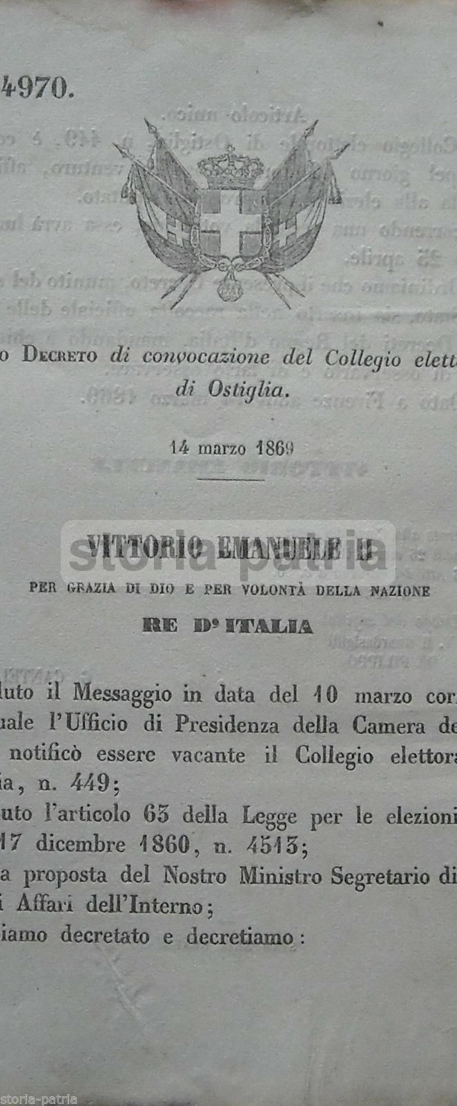 Regio Decreto Convocazione Collegio Elettorale Di Ostiglia 1869 Vittorio Emanuele II