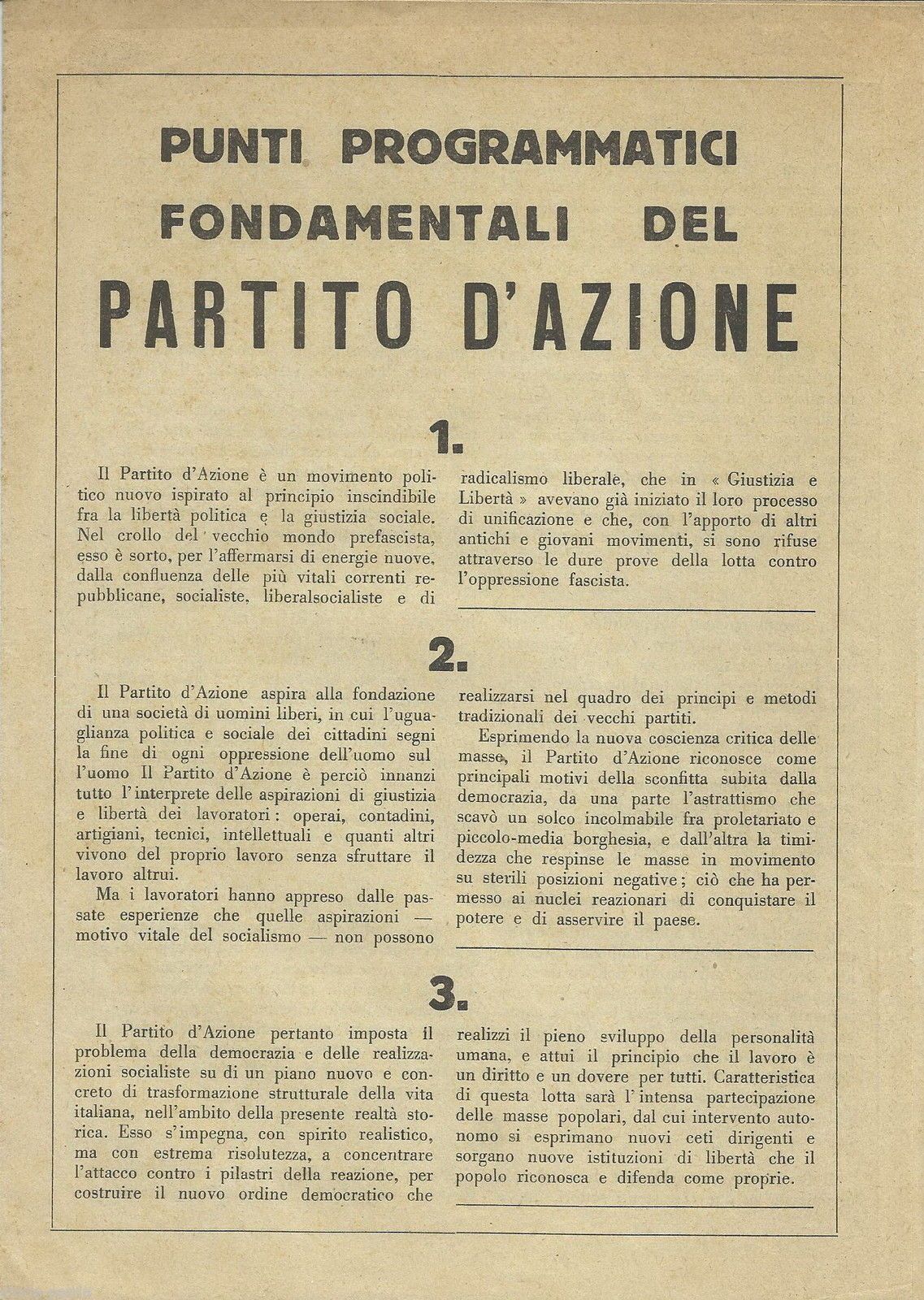 Volantino Programmatico Partito d'Azione, Originale Anni '40